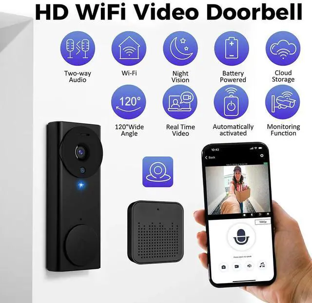 Alt view image 2 of 7 - Wireless WiFi Video Doorbell with Chime 2-Way Audio Smart App Control Door Cam