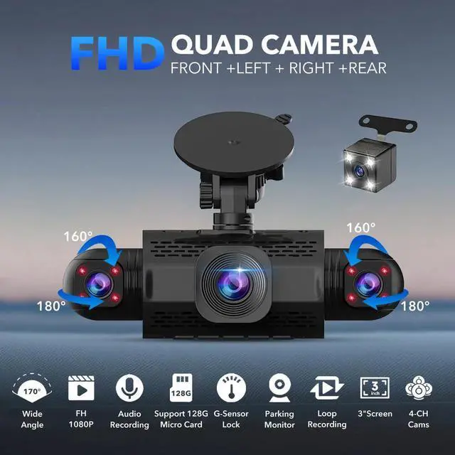 Alt view image 5 of 7 - 4 Channel Dash Cam 360° Dash Camera HD1080P 4 Lens Driving Recorder Night Vision