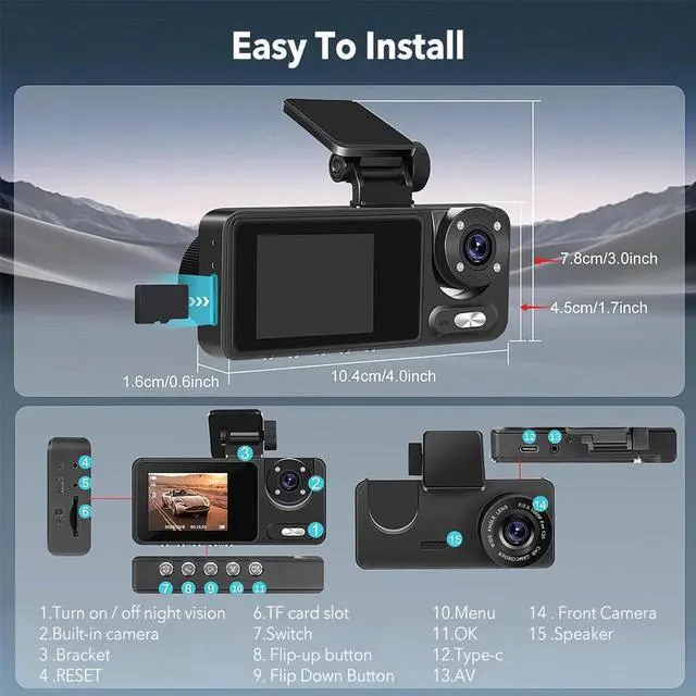 Alt view image 3 of 7 - 1080P WiFi Dash Cam for Car Front/Inside/Rear View Camera Video Recorde G-sensor
