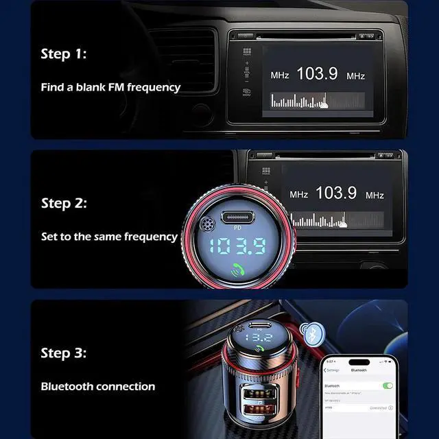 Alt view image 3 of 7 - Bluetooth 5.4 Car Wireless FM Transmitter Adapter 2USB PD Charger AUX Hands-Free