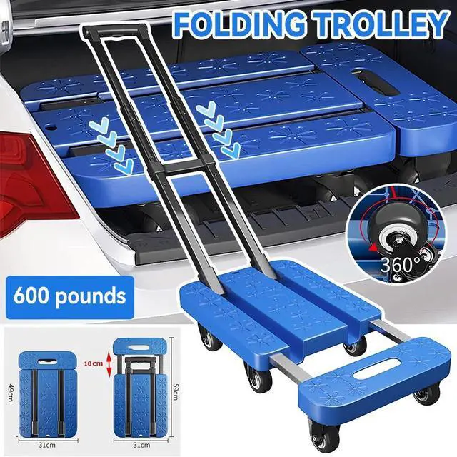 Alt view image 4 of 7 - Folding Hand Truck Dolly, 600LBS Heavy Duty Luggage Cart Elastic Rope 6 Wheels