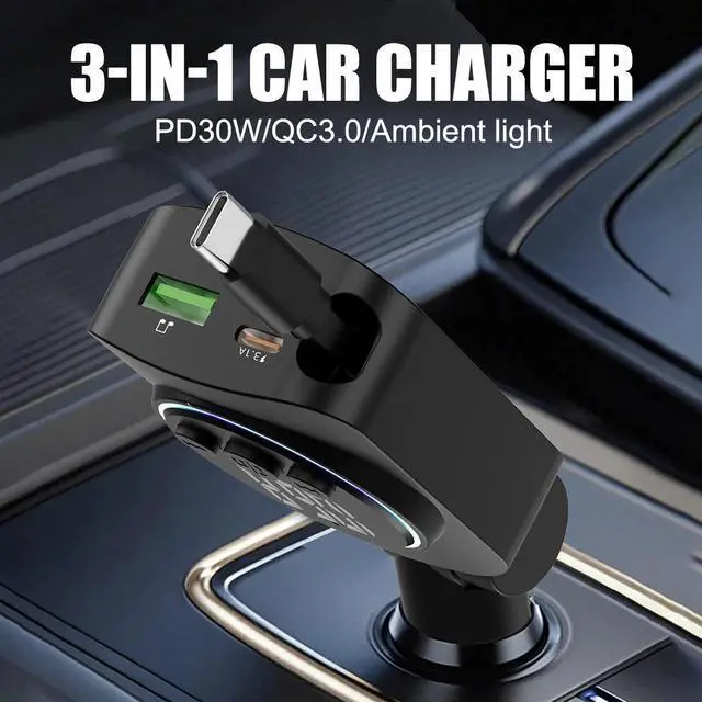 Alt view image 5 of 7 - 3IN1 Retractable Car Charger USB A Type C PD Cable For Phone Fast Charge Adapter