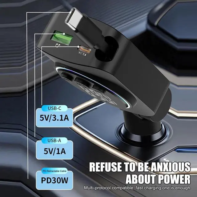Alt view image 4 of 7 - 3IN1 Retractable Car Charger USB A Type C PD Cable For Phone Fast Charge Adapter