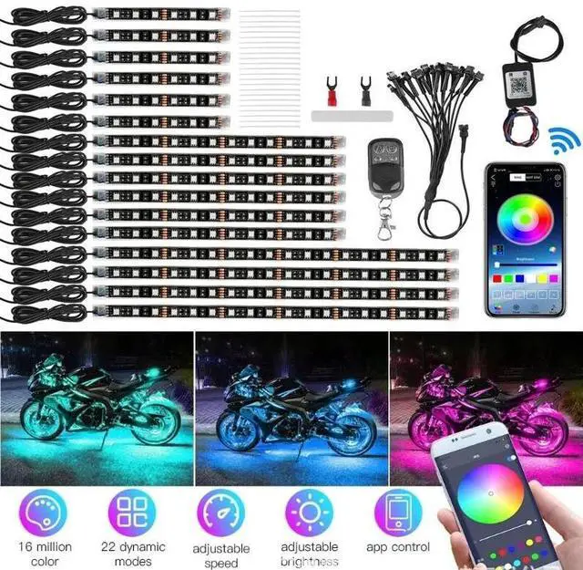 Main image of 16PCS Motorcycle RGB LED Strip Light Under Glow Neon Kit Bluetooth APP Control