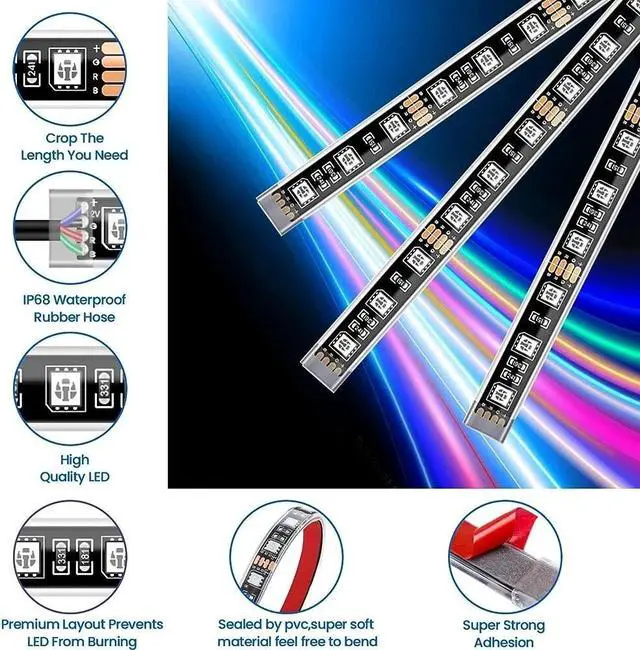 Alt view image 3 of 7 - 16PCS Motorcycle RGB LED Strip Light Under Glow Neon Kit Bluetooth APP Control