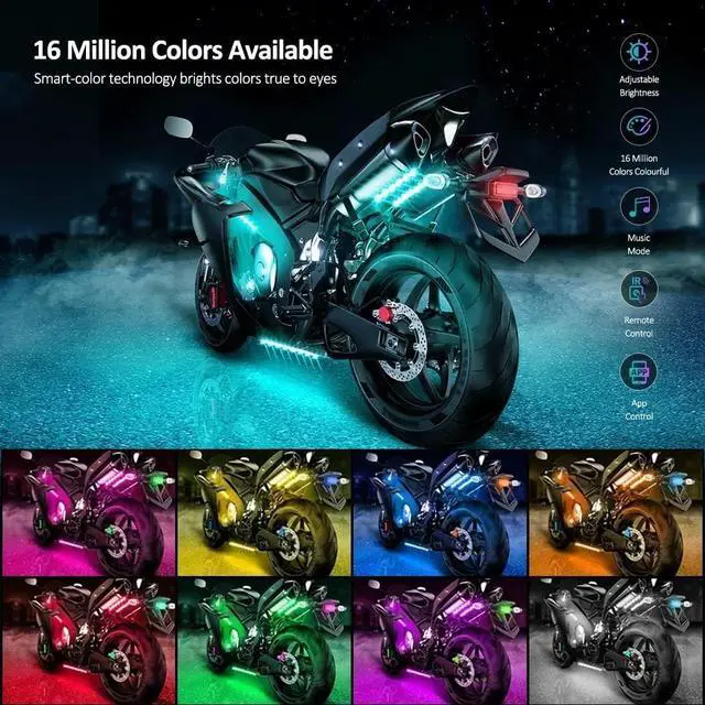 Alt view image 5 of 7 - 16PCS Motorcycle RGB LED Strip Light Under Glow Neon Kit Bluetooth APP Control
