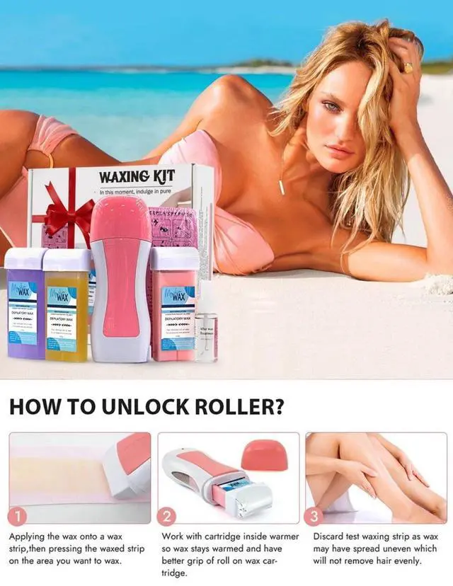 Alt view image 6 of 7 - Roll On Wax kit Waxing Warmer Wax Roller Hair Removal Body Face Leg Soft Heater