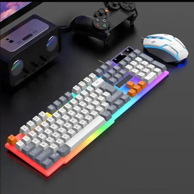 Alt view image 4 of 6 - Computer Desktop Gaming Keyboard And Mouse Rainbow LED Backlit Mechanical Feel(WHITE)