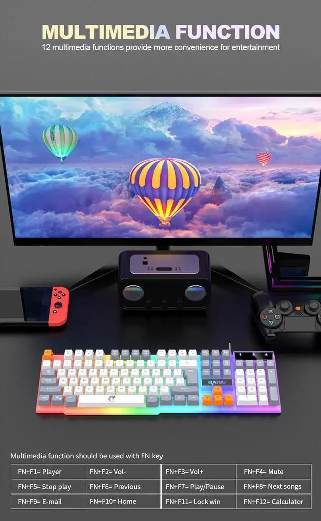 Alt view image 5 of 6 - Computer Desktop Gaming Keyboard And Mouse Rainbow LED Backlit Mechanical Feel(WHITE)