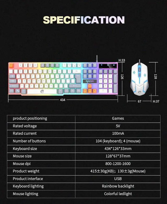 Alt view image 6 of 6 - Computer Desktop Gaming Keyboard And Mouse Rainbow LED Backlit Mechanical Feel(WHITE)