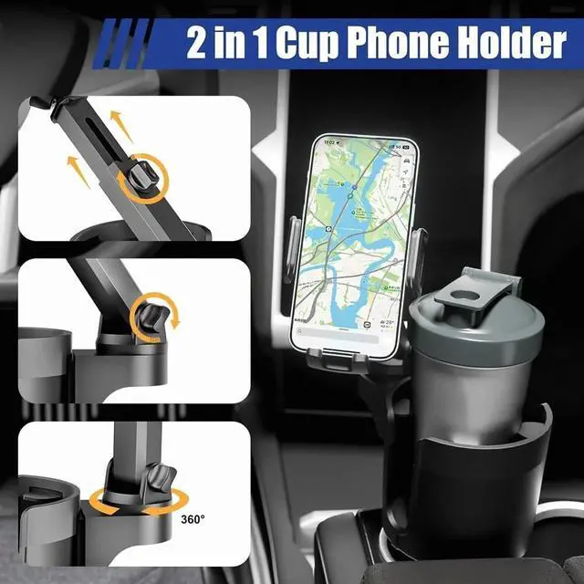 Alt view image 3 of 7 - Universal 2in1 Car Cup Holder Expander Adapter 360° Phone Mount Adjustable Base