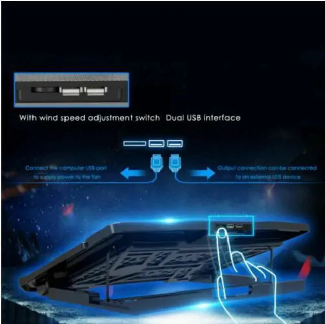Alt view image 2 of 7 - Gaming Laptop Slim Cooling Pad Stand Dual USB Fan Cooler 6 Fans for Notebook PC