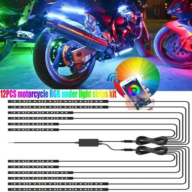 Main image of 12PCS RGB Bluetooth Motorcycle LED Light Glow Neon Strip Kit APP Control