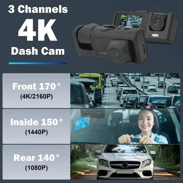 Alt view image 2 of 7 - 2'' Dash Cam 4K Full HD 1080P Car Camera Front Rear Night Vision W/32GB SD Card