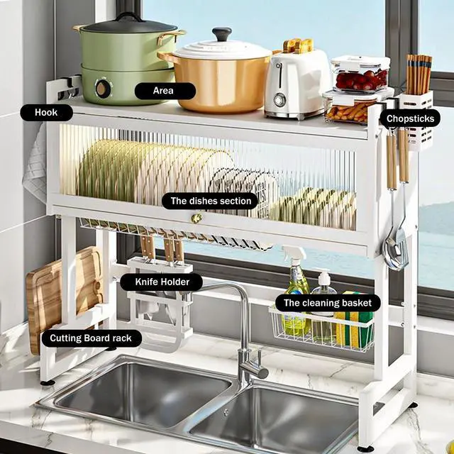 Alt view image 3 of 7 - Over The Sink Dish Drying Rack Large Dish Rack Metal Kitchen w/ Lid Storage Rack