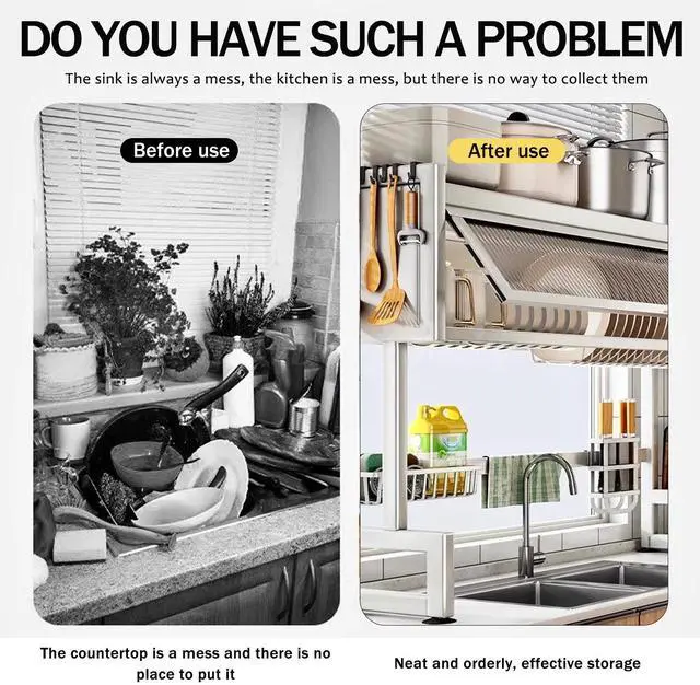 Alt view image 6 of 7 - Over The Sink Dish Drying Rack Large Dish Rack Metal Kitchen w/ Lid Storage Rack