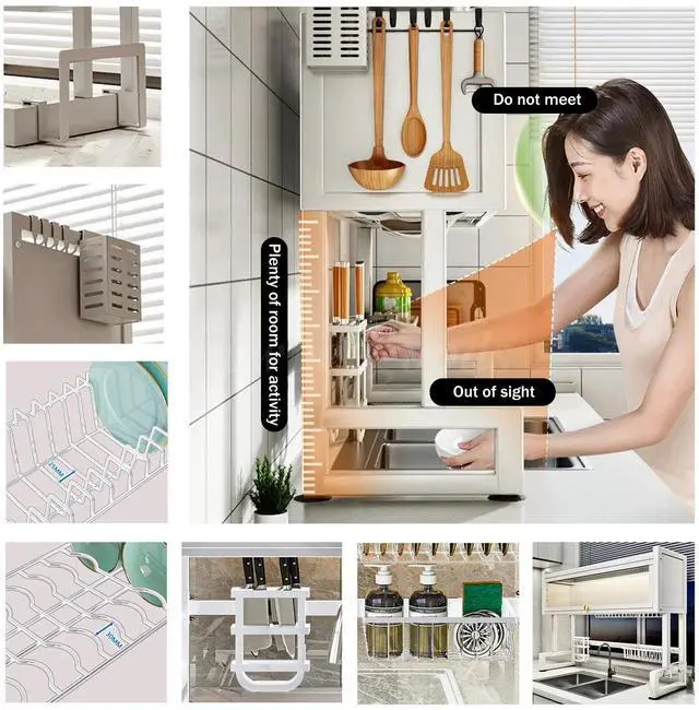 Alt view image 4 of 7 - Over The Sink Dish Drying Rack Large Dish Rack Metal Kitchen w/ Lid Storage Rack