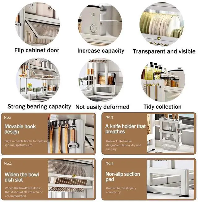 Alt view image 2 of 7 - Over The Sink Dish Drying Rack Large Dish Rack Metal Kitchen w/ Lid Storage Rack