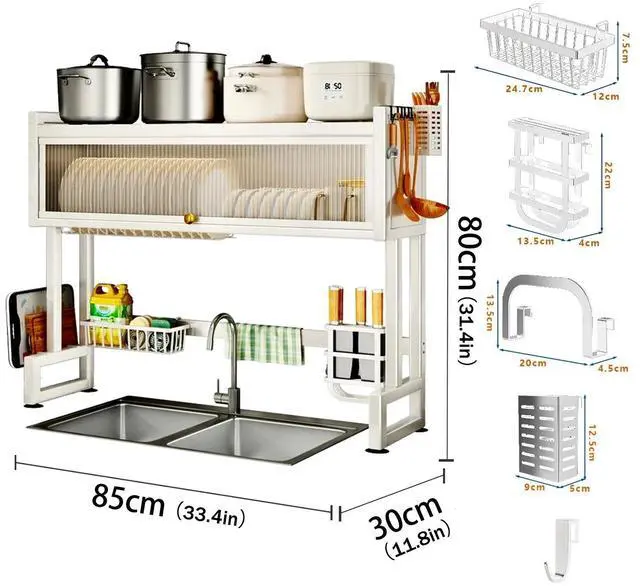 Alt view image 7 of 7 - Over The Sink Dish Drying Rack Large Dish Rack Metal Kitchen w/ Lid Storage Rack