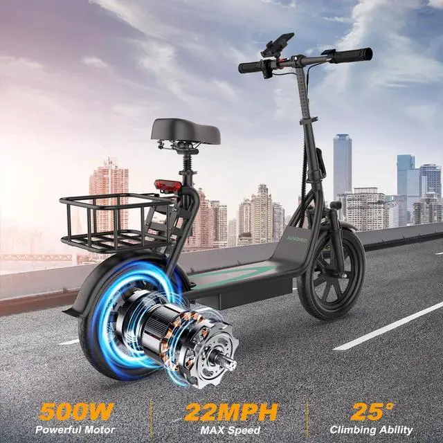 Alt view image 2 of 7 - AOVOPRO 500W Electric Scooter with Seat, Max 28Miles 22MPH Commuting E Scooter