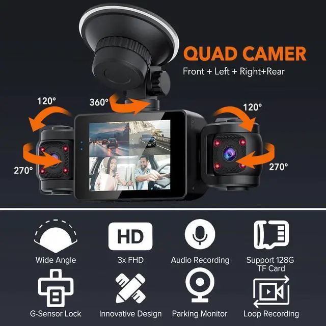 Alt view image 2 of 7 - 360° 3 Channel Dash Cam Front Left Right, Dash Camera Night Vision+Rear Camera