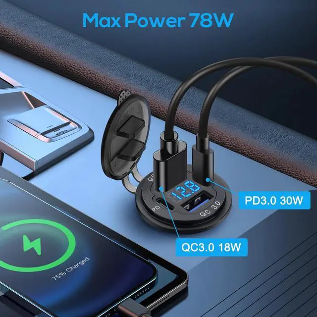 Alt view image 2 of 7 - 12-24V 4 Port Fast Car Charger QC3.0 & PD USB C Outlet Socket for Boat RV Marine