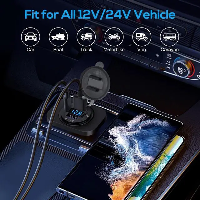 Alt view image 6 of 7 - 12-24V 4 Port Fast Car Charger QC3.0 & PD USB C Outlet Socket for Boat RV Marine