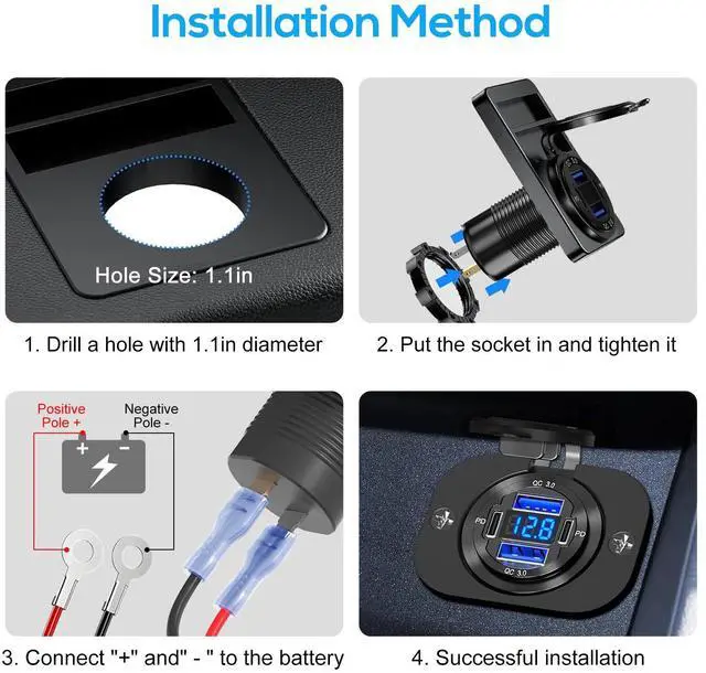 Alt view image 4 of 7 - 12-24V 4 Port Fast Car Charger QC3.0 & PD USB C Outlet Socket for Boat RV Marine