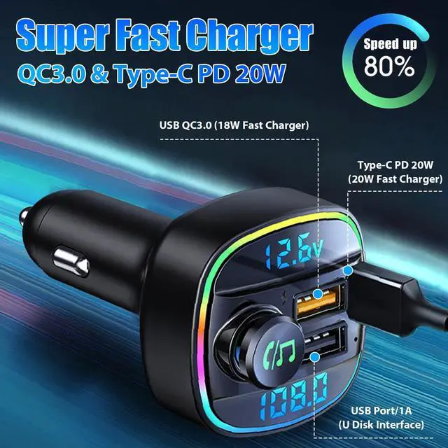 Alt view image 5 of 7 - Bluetooth5.0 Car Wireless FM Transmitter Adapter USB PD Charger AUX Hand-Free US