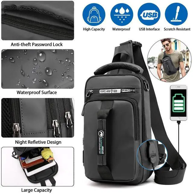 Main image of Anti-theft Men's Sling Crossbody Bag Chest Shoulder Messenger Backpack USB Port