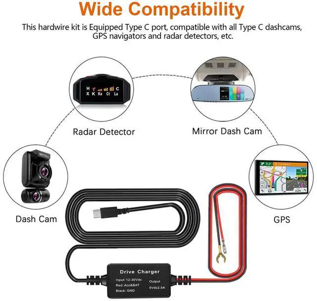 Alt view image 7 of 7 - Universal Type C Dash Cam Hardwire Kit Hard Wire Cable Fuse 12-24V to 5V Car DVR