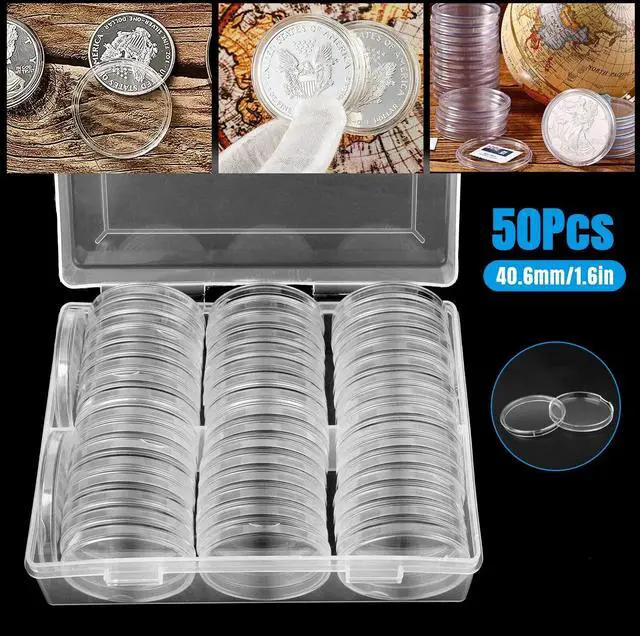 Main image of 50X Coin Holder Capsules Case 40.6mm Clear for 1 Oz Silver Dollar w/ Storage Box