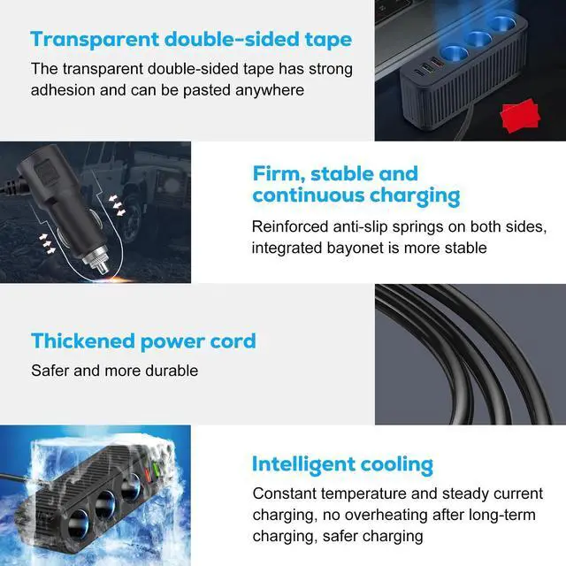 Alt view image 5 of 7 - 3-Way Car Cigarette Lighter Socket Splitter, 6 in 1 Power Adapter, Quick Charge