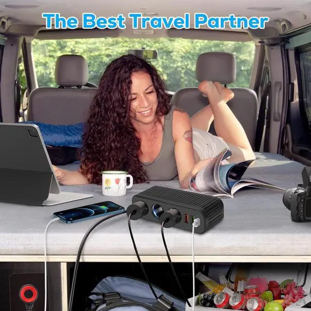 Alt view image 7 of 7 - 3-Way Car Cigarette Lighter Socket Splitter, 6 in 1 Power Adapter, Quick Charge