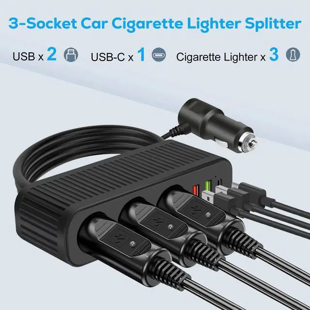 Alt view image 2 of 7 - 3-Way Car Cigarette Lighter Socket Splitter, 6 in 1 Power Adapter, Quick Charge
