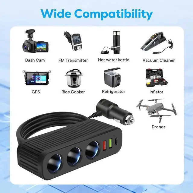 Alt view image 6 of 7 - 3-Way Car Cigarette Lighter Socket Splitter, 6 in 1 Power Adapter, Quick Charge