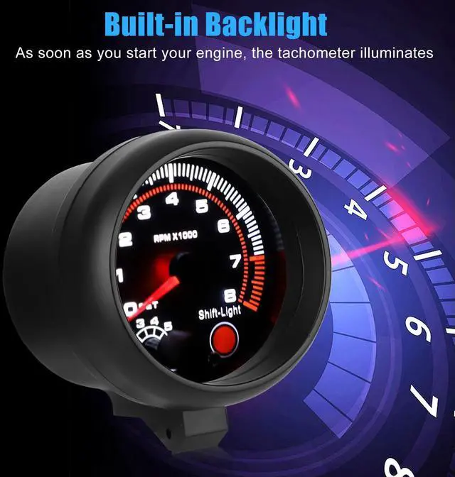 Alt view image 2 of 7 - 3.75" Universal Car Tachometer Gauge Meter with LED Shift Light 0-8000 RPM 12V
