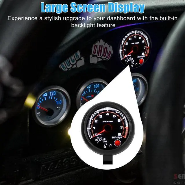 Alt view image 3 of 7 - 3.75" Universal Car Tachometer Gauge Meter with LED Shift Light 0-8000 RPM 12V
