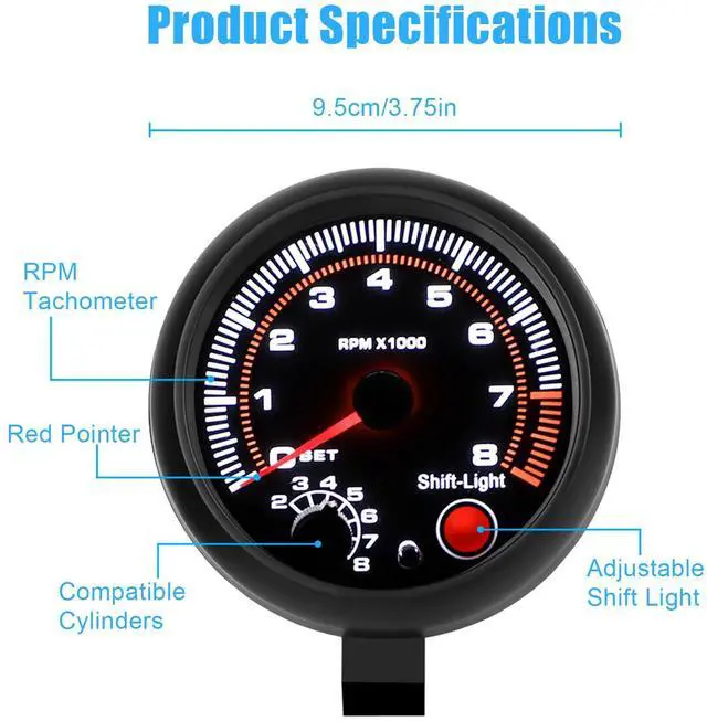 Alt view image 4 of 7 - 3.75" Universal Car Tachometer Gauge Meter with LED Shift Light 0-8000 RPM 12V