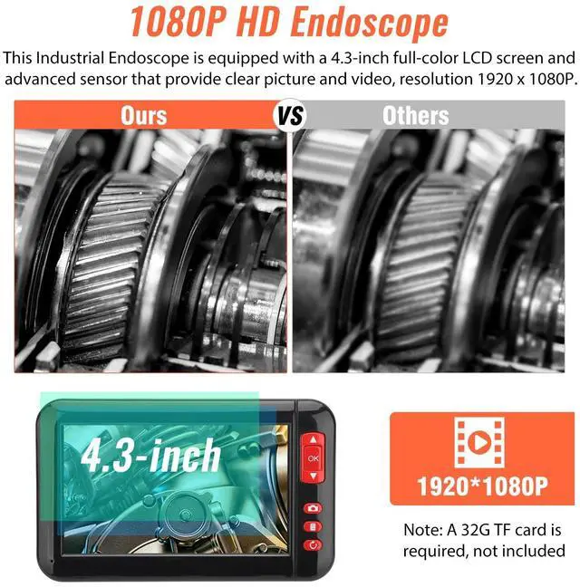 Alt view image 2 of 7 - 4.3" HD LED Industrial Endoscope Borescope 1080P 8mm Inspection SnakeCamera IP67