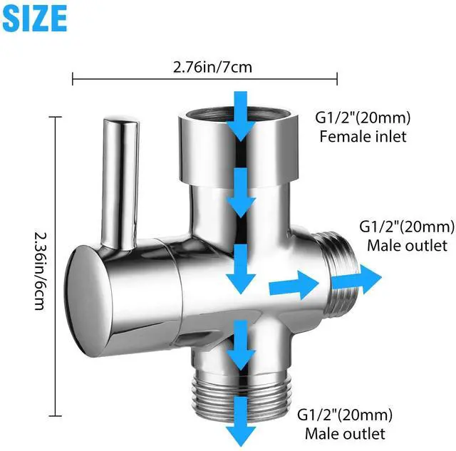 Alt view image 7 of 7 - 1/2" 3-Way T-adapter Shower Head Diverter Valve Water Splitter Switch Tap Faucet