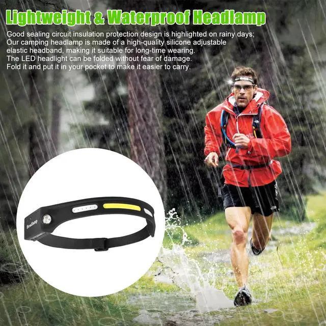 Alt view image 3 of 7 - COB LED Headlamp USB Rechargeable Headlight Torch Work Light Bar Head Band Lamp