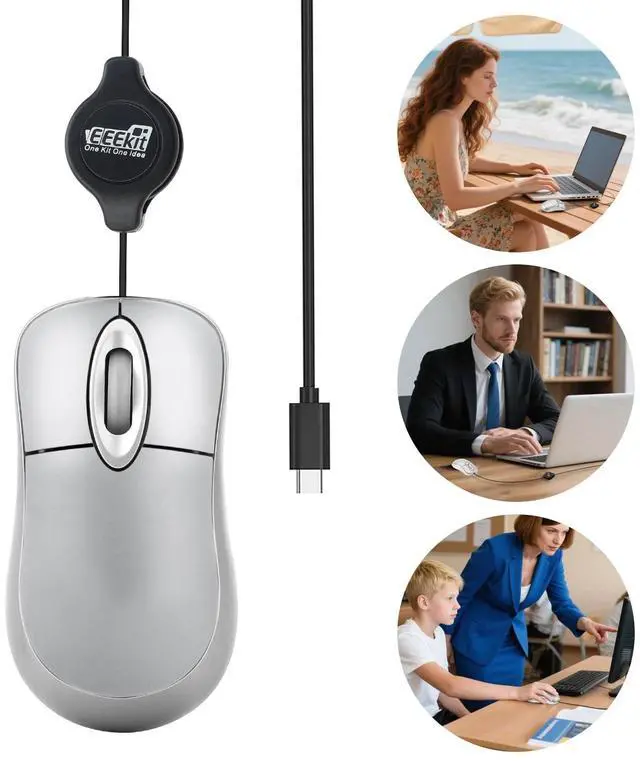 Main image of USB Mini Mouse with Retractable Cord 3-Button Optical Mouse for Laptop/Desktop
