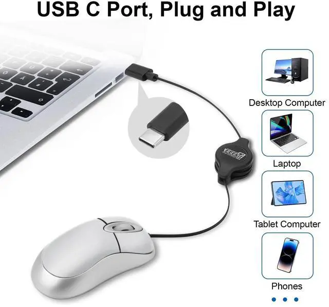 Alt view image 2 of 7 - USB Mini Mouse with Retractable Cord 3-Button Optical Mouse for Laptop/Desktop