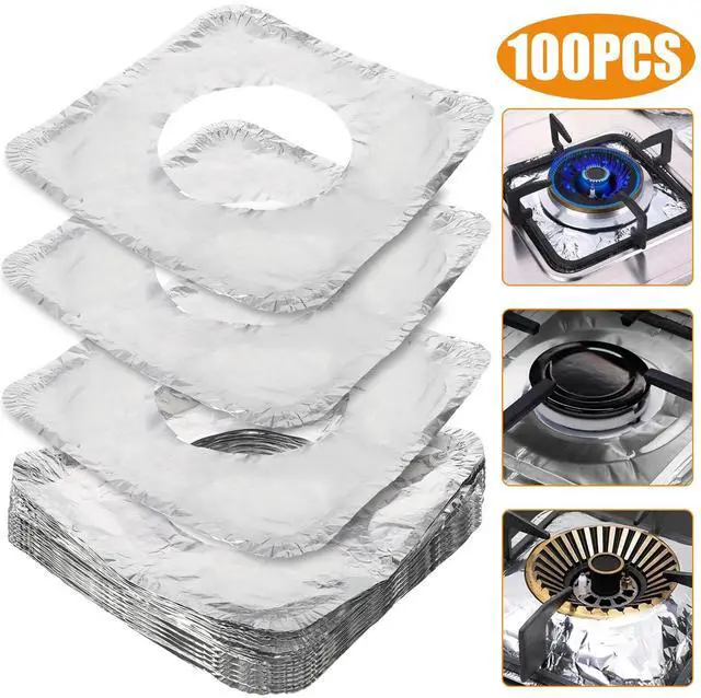 Main image of 100 Pcs Disposable Aluminum Foil Square Gas Stove Burner Liners Heavy Bib Cover