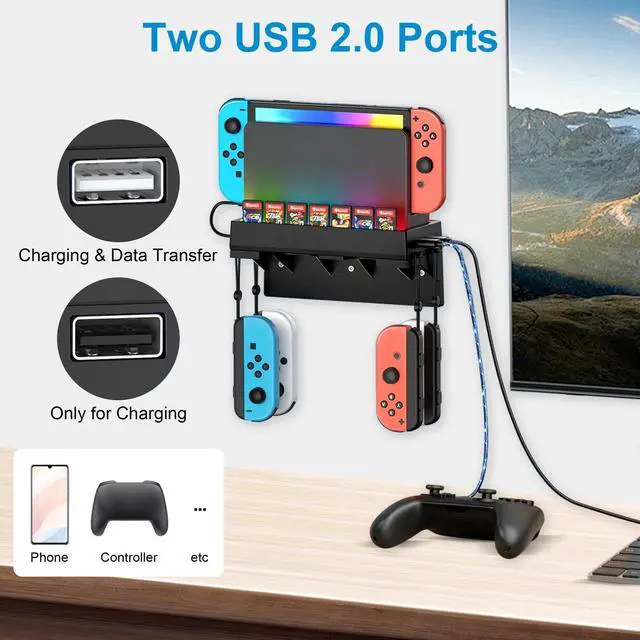Alt view image 2 of 7 - Wall Mount for Nintendo Switch/OLED w/ USB Port Game Card Holder Joy Con Hanger