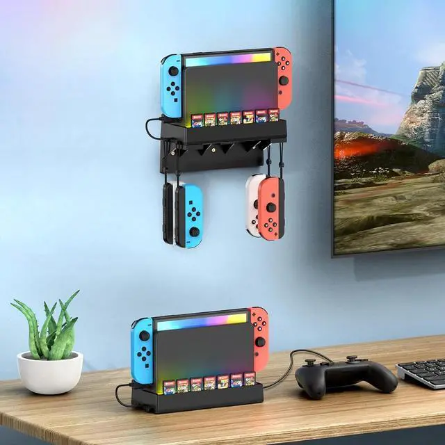 Alt view image 3 of 7 - Wall Mount for Nintendo Switch/OLED w/ USB Port Game Card Holder Joy Con Hanger