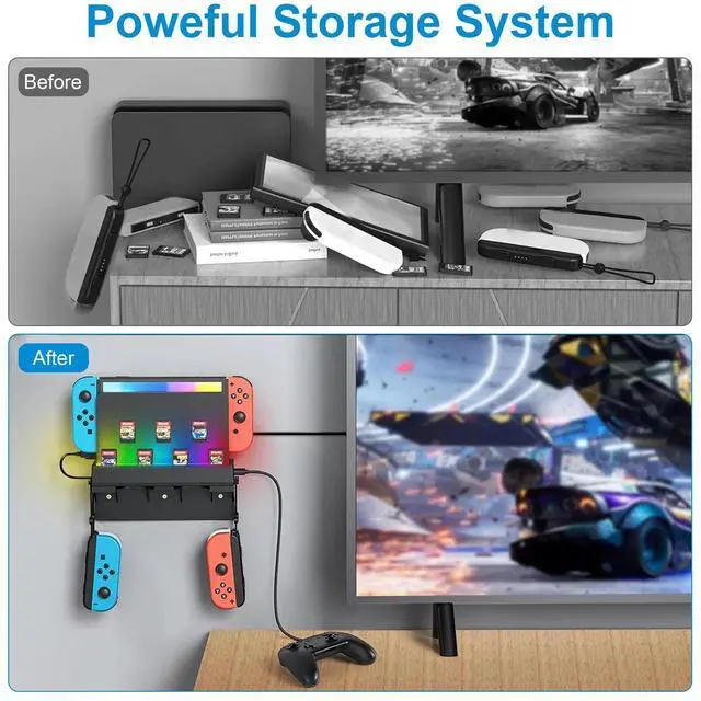 Alt view image 4 of 7 - Wall Mount for Nintendo Switch/OLED w/ USB Port Game Card Holder Joy Con Hanger