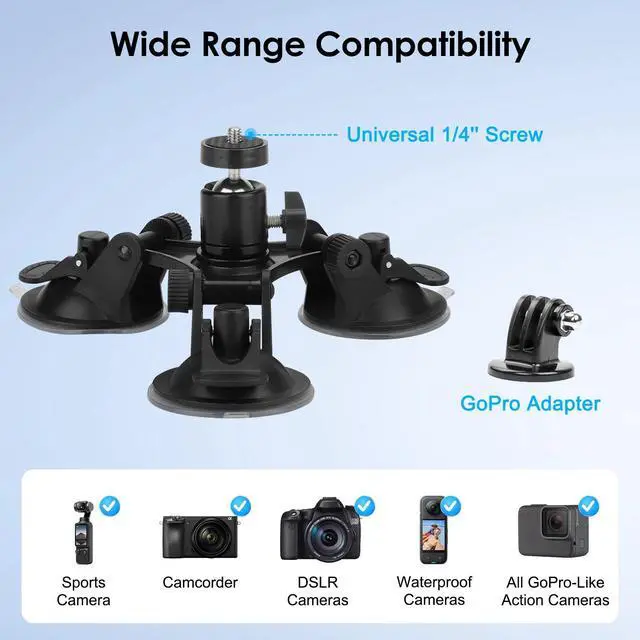Alt view image 2 of 7 - Triple Suction Cup Car Holder Mount for GoPro Hero 10 9 8 7 6 5 Camera