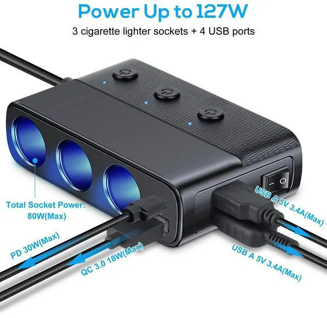 Alt view image 2 of 7 - 3-Way Car Cigarette Lighter Socket Splitter, 7 in 1 Power Adapter, Quick Charge